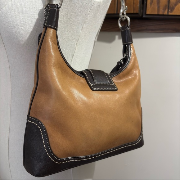 Y2K Vintage Rare Brown Hobo Shoulder Purse C Logo Two Tone Leather Canvas Bag - Picture 7 of 16